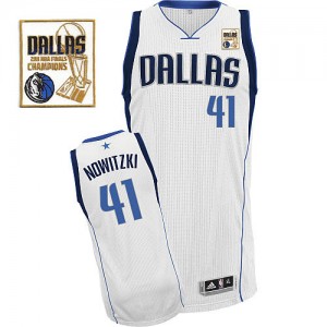 Dallas Mavericks Dirk Nowitzki #41 Home Champions Patch Authentic Maillot d'équipe de NBA - Blanc pour Homme