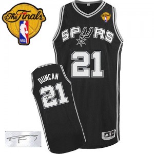 Maillot Adidas Noir Road Autographed Finals Patch Authentic San Antonio Spurs - Tim Duncan #21 - Homme