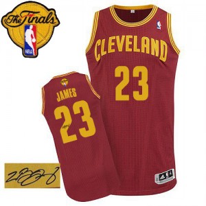 Maillot NBA Vin Rouge LeBron James #23 Cleveland Cavaliers Road Autographed 2015 The Finals Patch Authentic Homme Adidas
