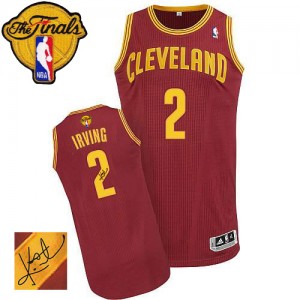 Maillot NBA Vin Rouge Kyrie Irving #2 Cleveland Cavaliers Road Autographed 2015 The Finals Patch Authentic Homme Adidas