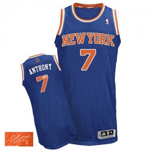 Maillot Adidas Bleu royal Road Autographed Authentic New York Knicks - Carmelo Anthony #7 - Homme