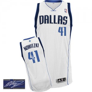 Maillot Adidas Blanc Home Autographed Authentic Dallas Mavericks - Dirk Nowitzki #41 - Homme
